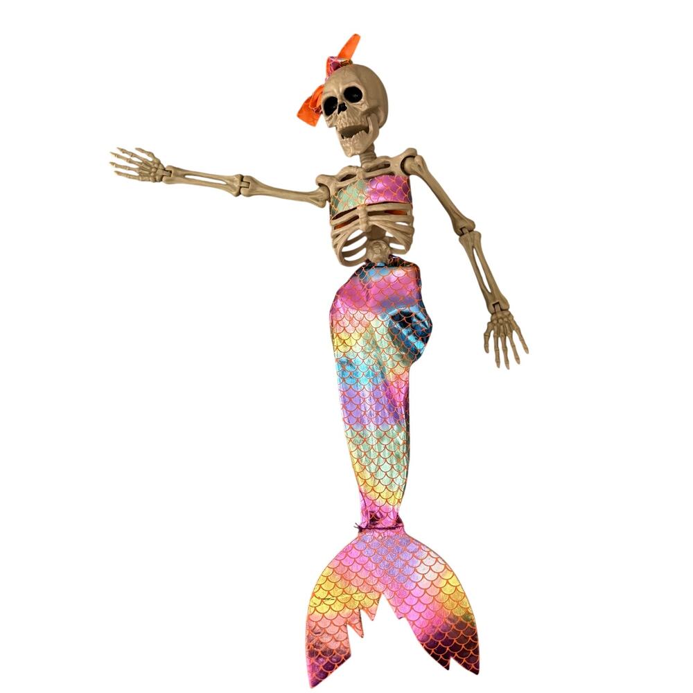 Halloween Mermaid Skeleton Hanging Decoration Iridescent Rainbow 17” pink orange